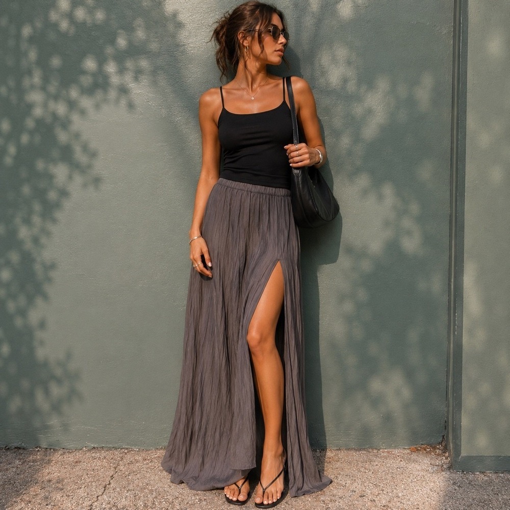Gray Crinkle Maxi Skirt Side Slit Flowy Versatile pull on